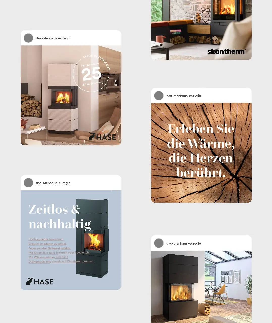 Social Media Konzept und Posting für das Ofenhaus zur Präsentation der Kaminhersteller mit warmen Moodbildern