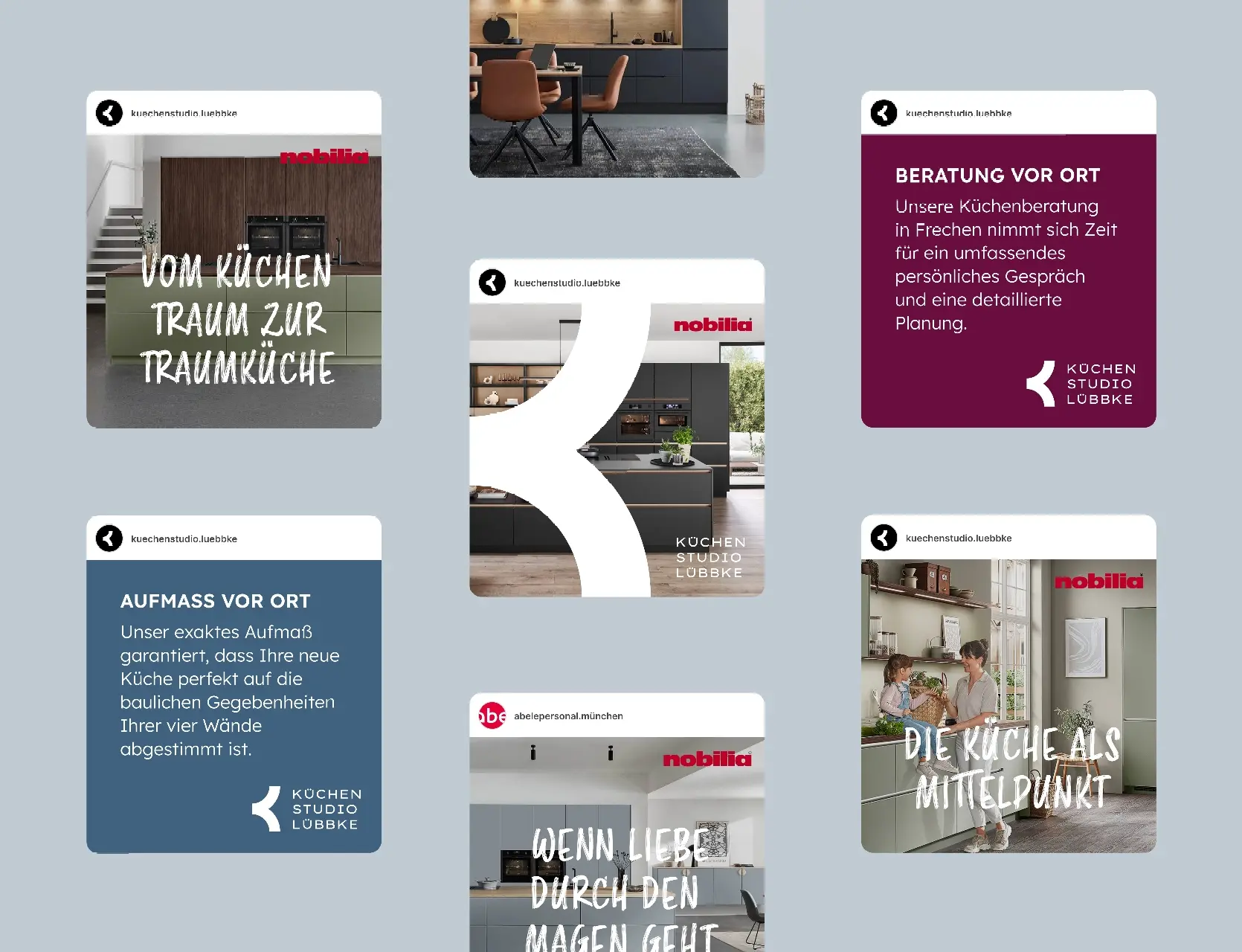 Kreatives Social Media Konzept und Posting für das Küchenstudio Lübbke auf blauem Hintergrund