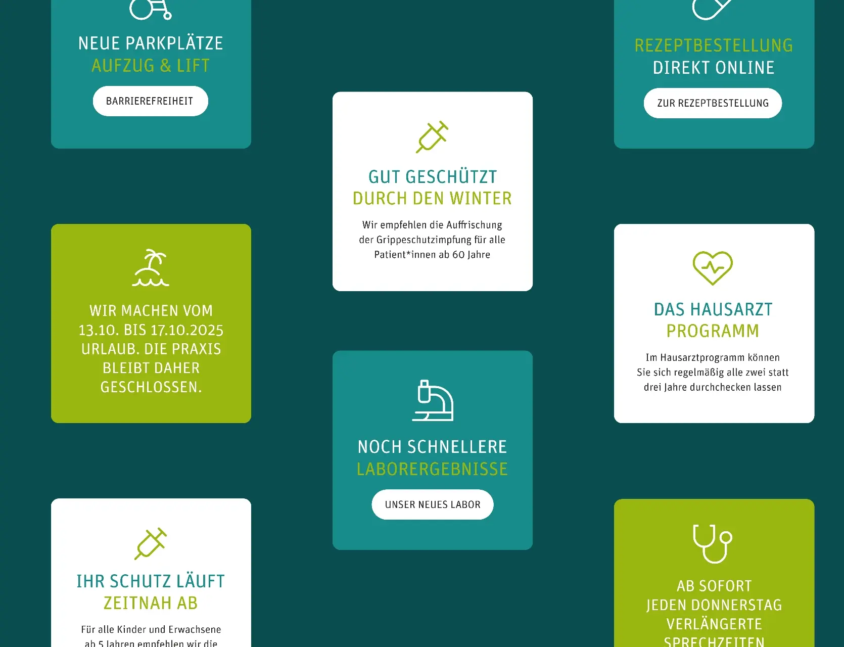 Übersicht der austauschbaren Kacheln für die Webseite der Praxis MVN (medizinisches Versorgungszentrum Neumaier) auf dunkelgrünen Hintergrund